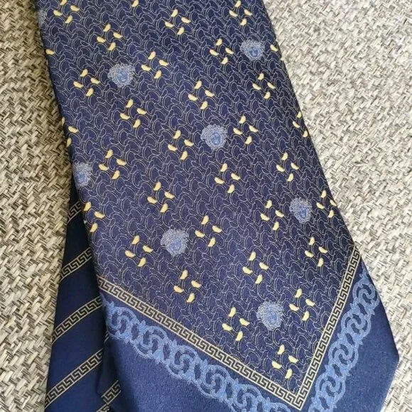 Vintage 80s Gianni Versace Silk Tie - Blue & Gold Medusa Head Baroque Italy